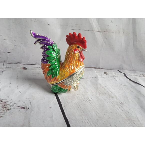 Rooster Enamel Rhinestone Crystal Hinged Trinket Box - Picture 2 of 10